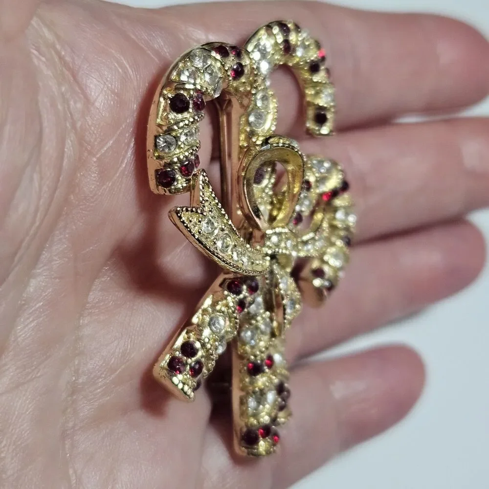 **Final Sale** Monet Christmas Candy Cane Bow Red Clear Gold Tone Brooch